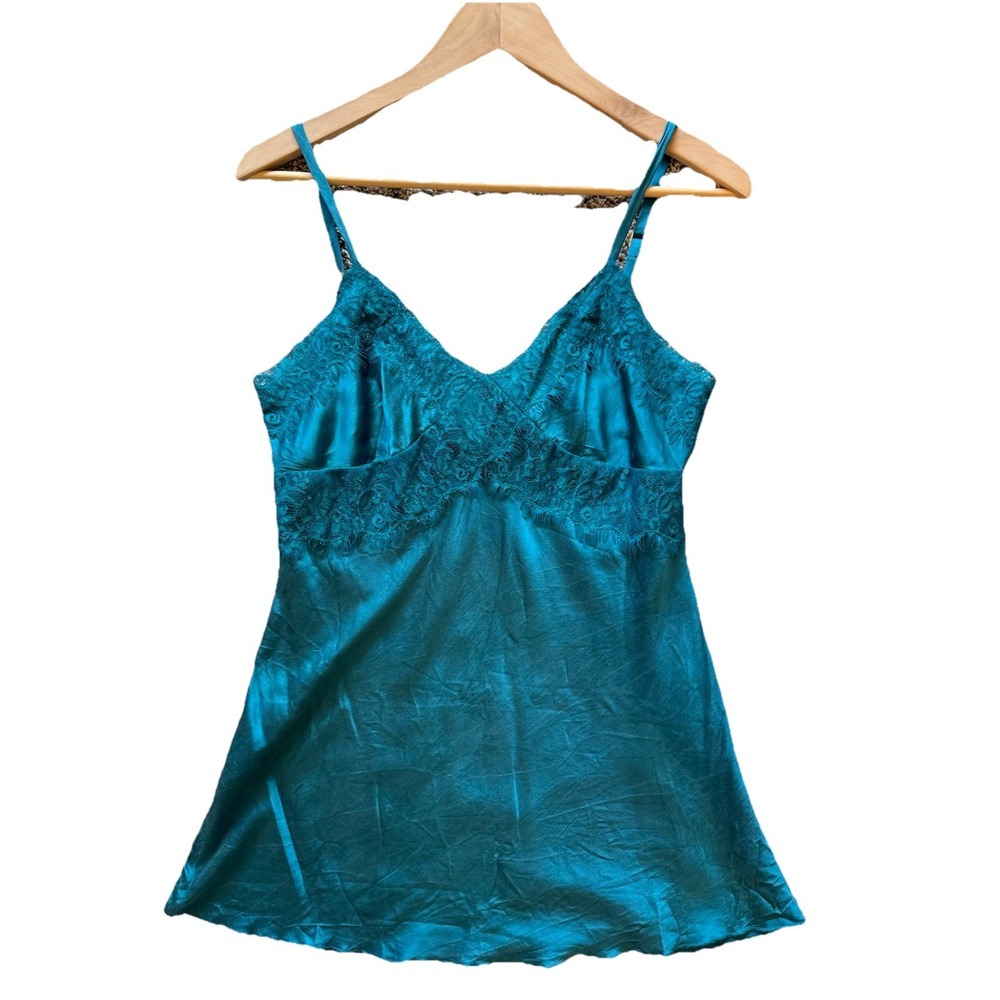 Express Womens Y2K Lace Trim Top S Teal Silk Dainty Coquette Sexy Slip Cami